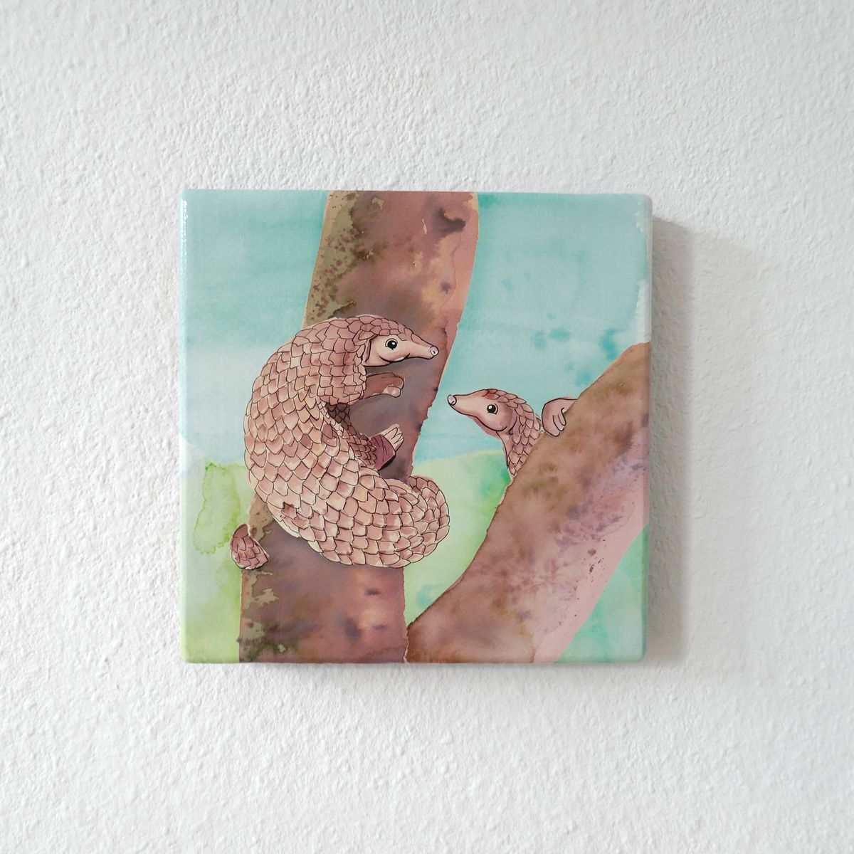 Handgemaakte wenskaart - Pangolin - On Wood - Art by Margreet Rijlaarsdam